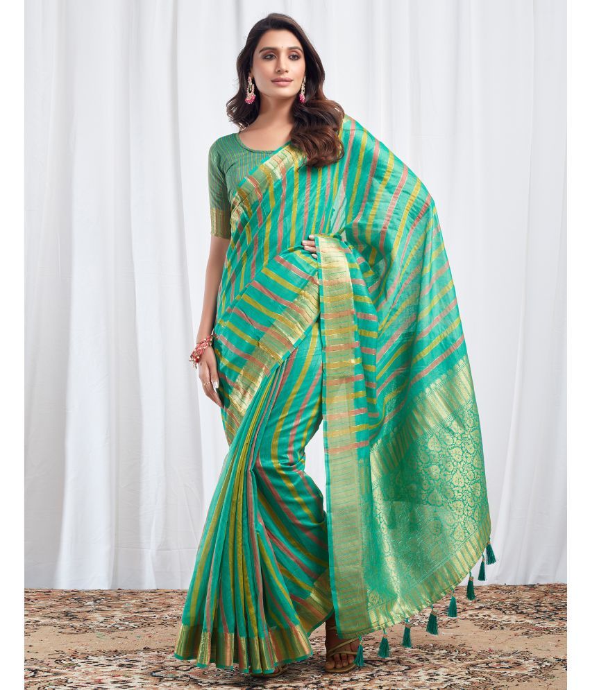     			Satrani Cotton Silk Printed Saree With Blouse Piece - Turquoise ( Pack of 1 )