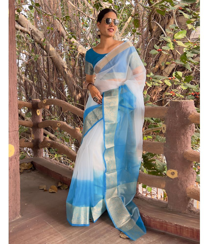     			Satrani Organza Dyed Saree With Blouse Piece - Blue ( Pack of 1 )