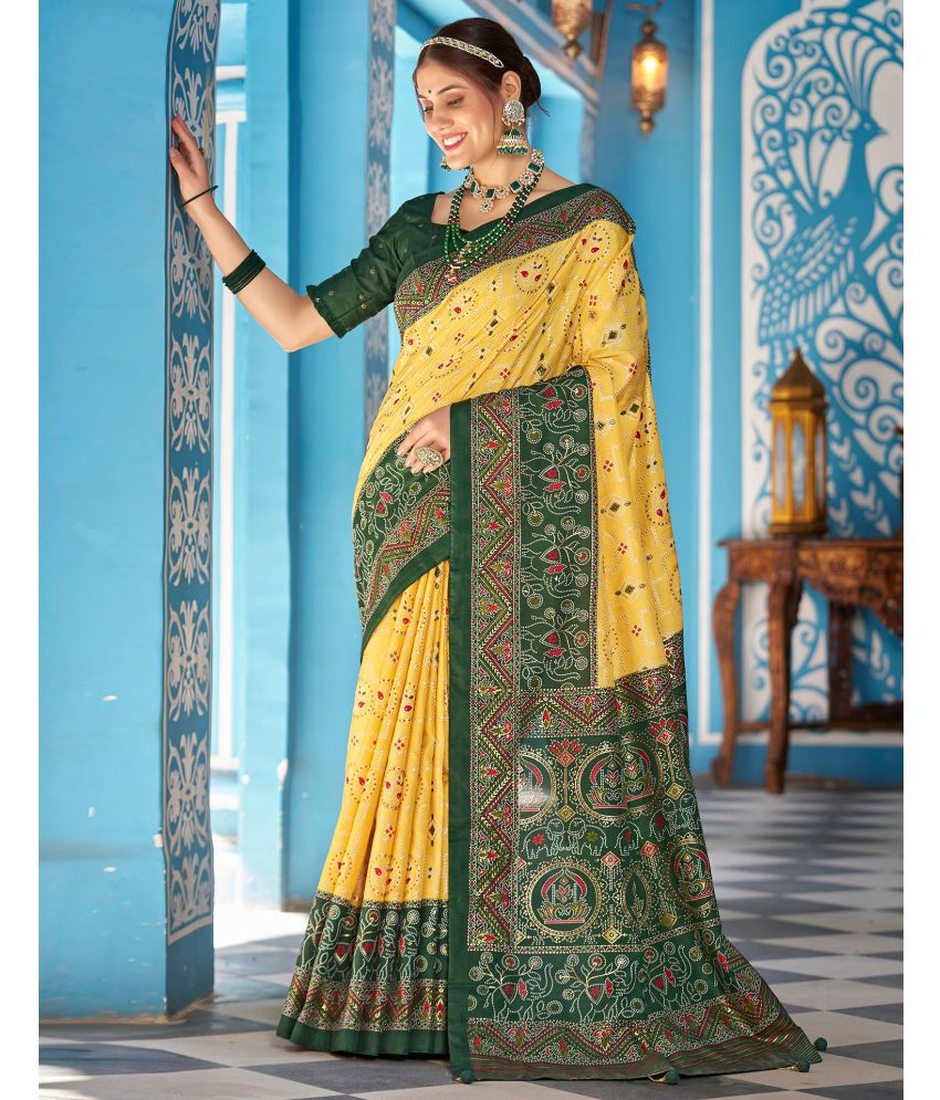     			Satrani Silk Printed Saree With Blouse Piece - Yellow ( Pack of 1 )