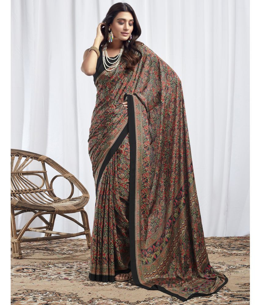    			Satrani Silk Printed Saree With Blouse Piece - Black ( Pack of 1 )