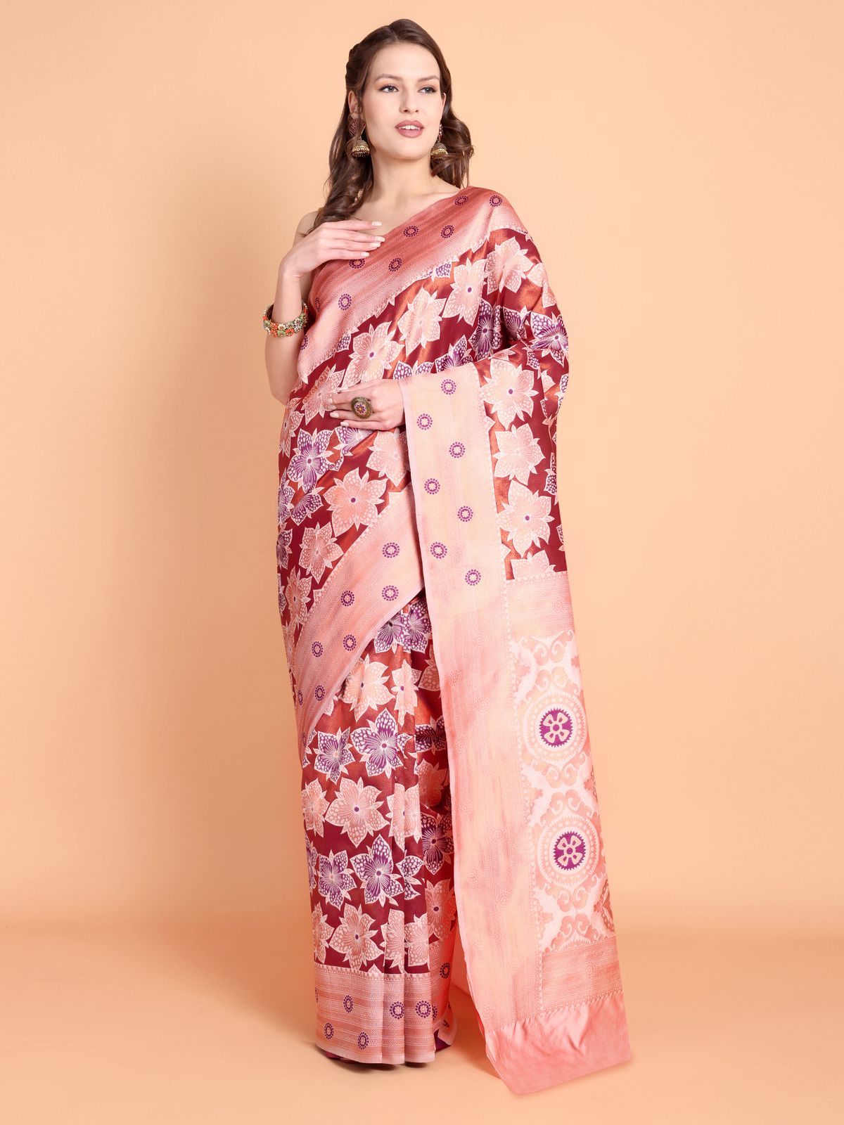     			Taslar Silk Blend Embellished Saree With Blouse Piece - Brown ( Pack of 1 )