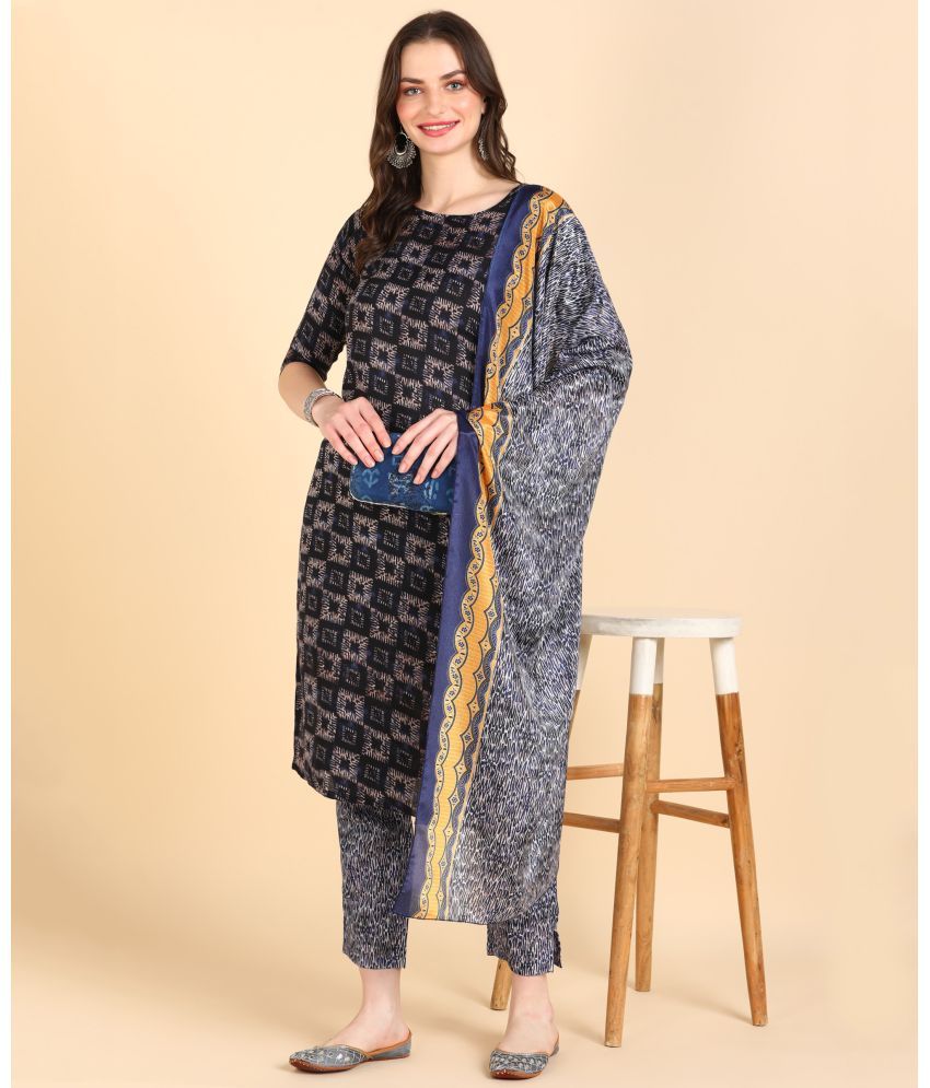     			DSK STUDIO Cotton Blend Printed Kurti With Pants Women's Stitched Salwar Suit - Navy Blue ( Pack of 1 )