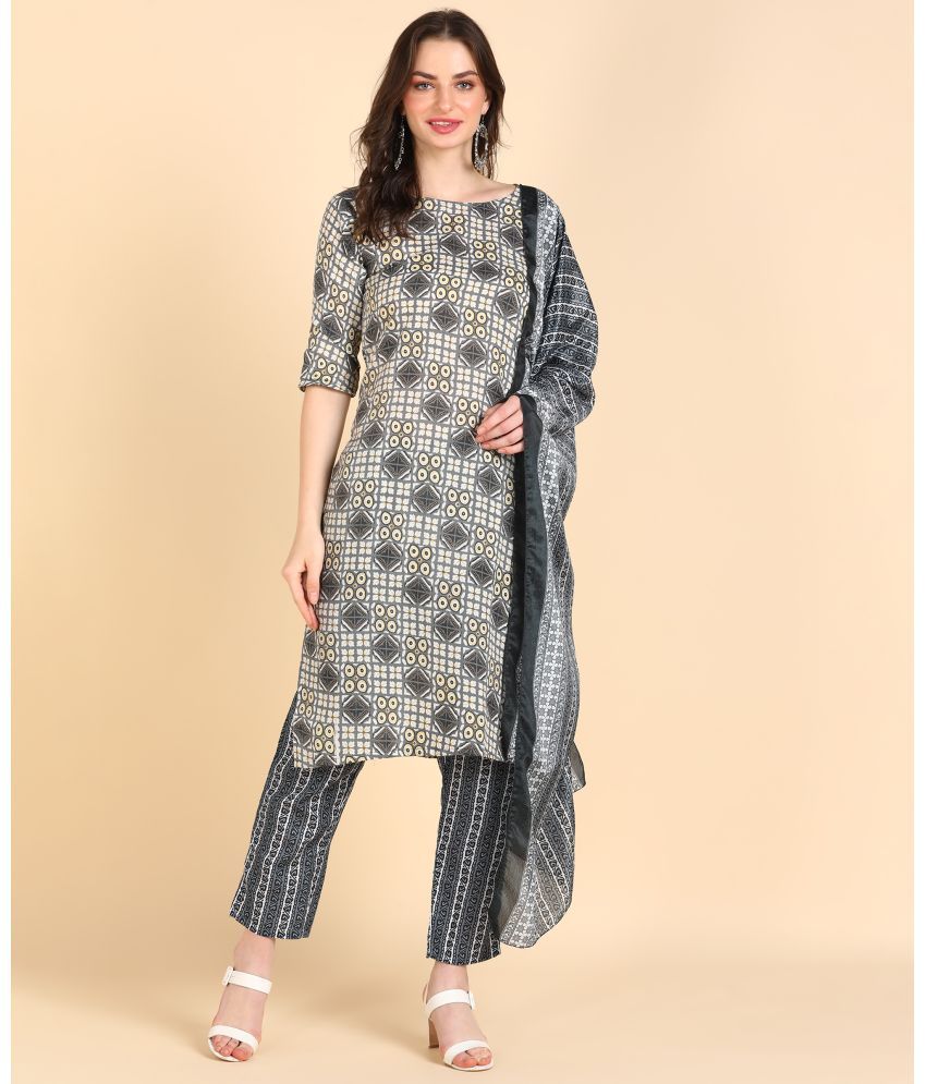     			DSK STUDIO Cotton Blend Printed Kurti With Pants Women's Stitched Salwar Suit - Dark Grey ( Pack of 1 )