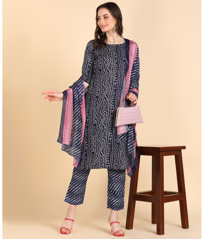     			DSK STUDIO Cotton Blend Printed Kurti With Pants Women's Stitched Salwar Suit - Navy Blue ( Pack of 1 )