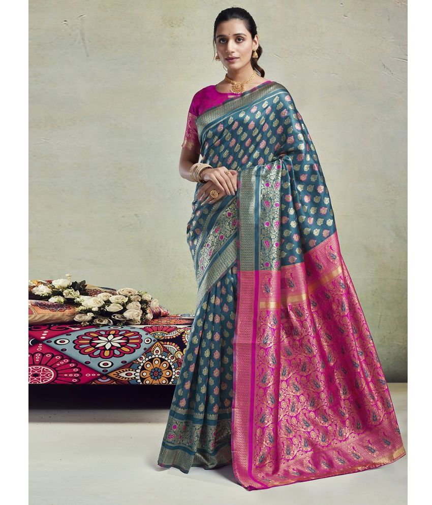     			Samah Art Silk Embellished Saree With Blouse Piece - Teal ( Pack of 1 )