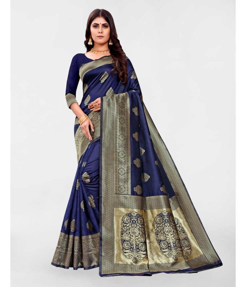     			Samah Art Silk Woven Saree With Blouse Piece - Navy Blue ( Pack of 1 )