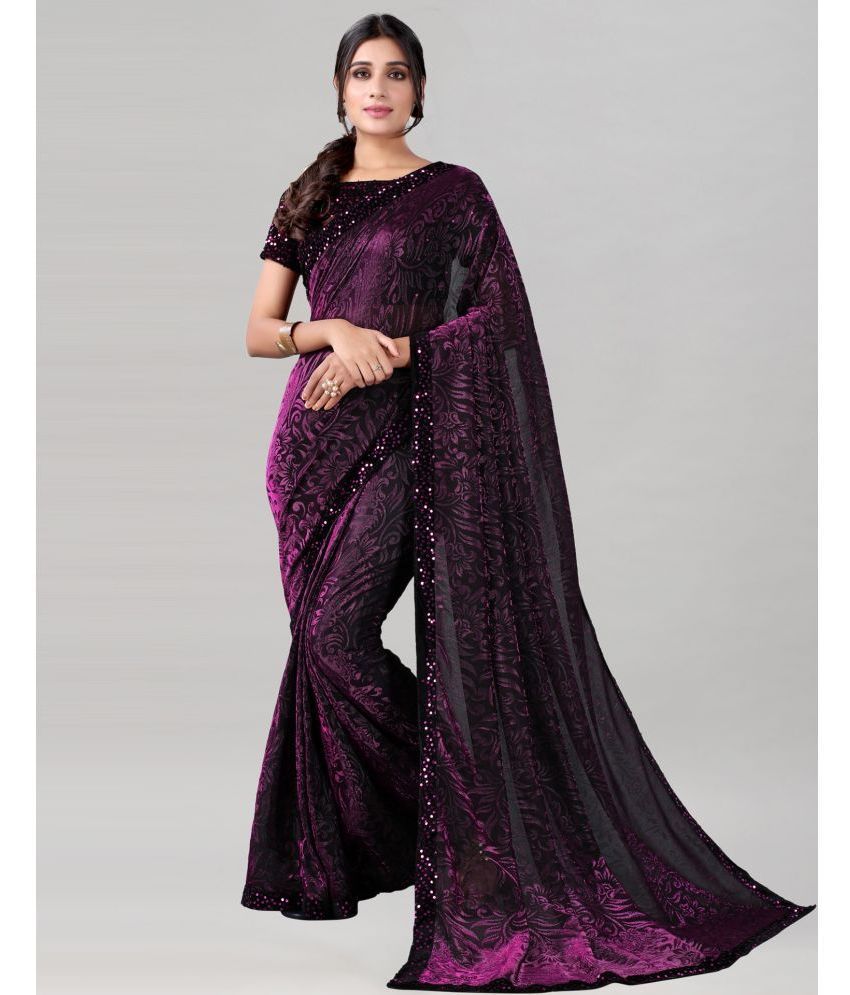     			Samah Lycra Self Design Saree With Blouse Piece - Purple ( Pack of 1 )