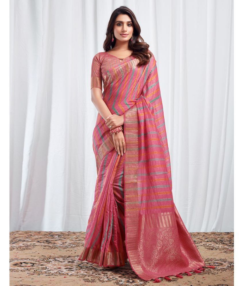     			Satrani Cotton Silk Striped Saree With Blouse Piece - Pink ( Pack of 1 )