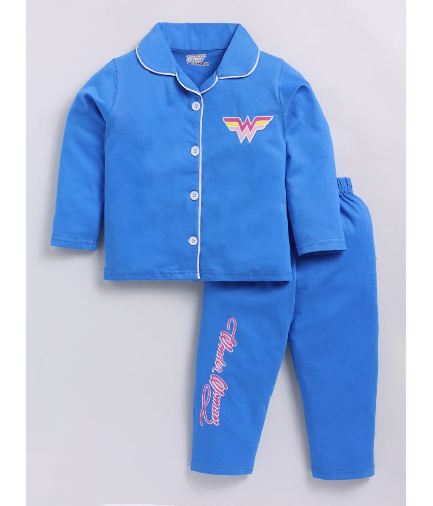     			DENIKID Pure Cotton Printed Western Wear Full Sleeve Collared Regular Girls R.Blue Night Wear