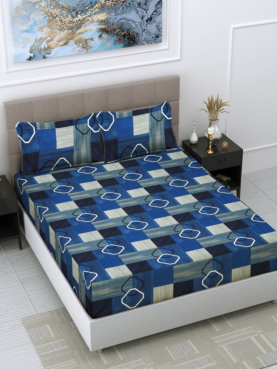     			FABINALIV Poly Cotton Geometric 1 Double King Size Bedsheet with 2 Pillow Covers - Dark Blue