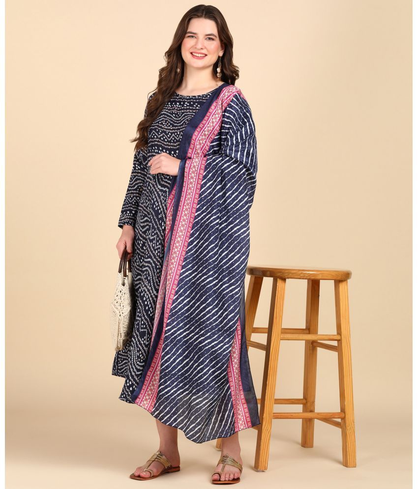     			Hiva Trendz Cotton Blend Printed Anarkali Women's Kurti with Dupatta - Navy Blue ( Pack of 1 )