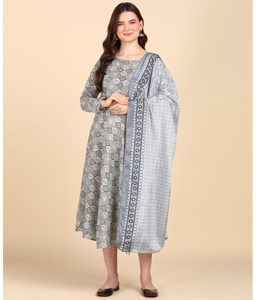     			Hiva Trendz Cotton Blend Printed Anarkali Women's Kurti with Dupatta - Light Grey ( Pack of 1 )