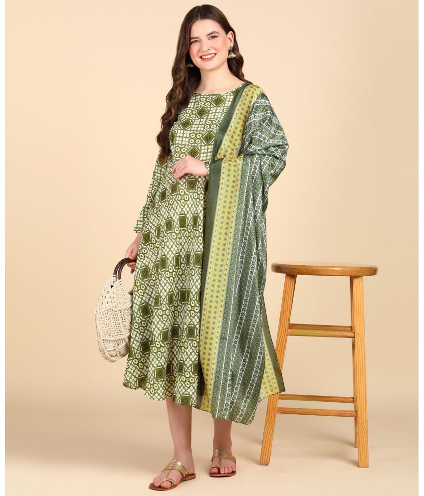     			Hiva Trendz Cotton Blend Printed Anarkali Women's Kurti with Dupatta - Olive ( Pack of 1 )