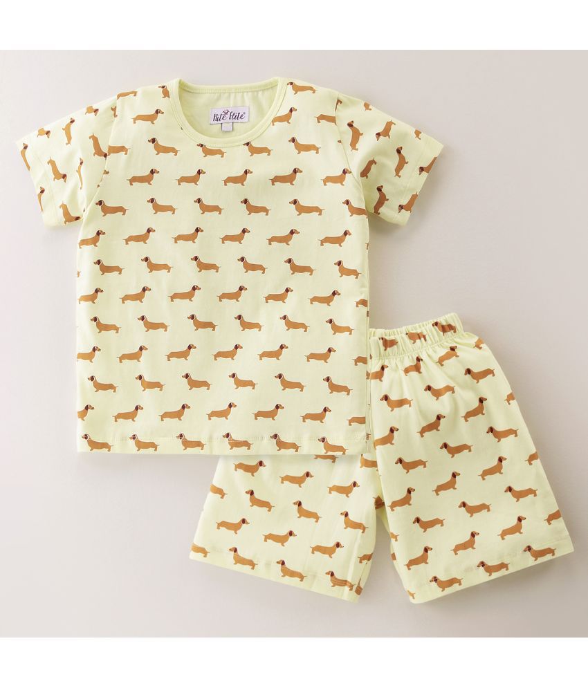     			Nite Flite Boys' Sausage Dog Printed 100% Cotton Nightwear | Top and Shorts Set (Lemon Yellow,4)