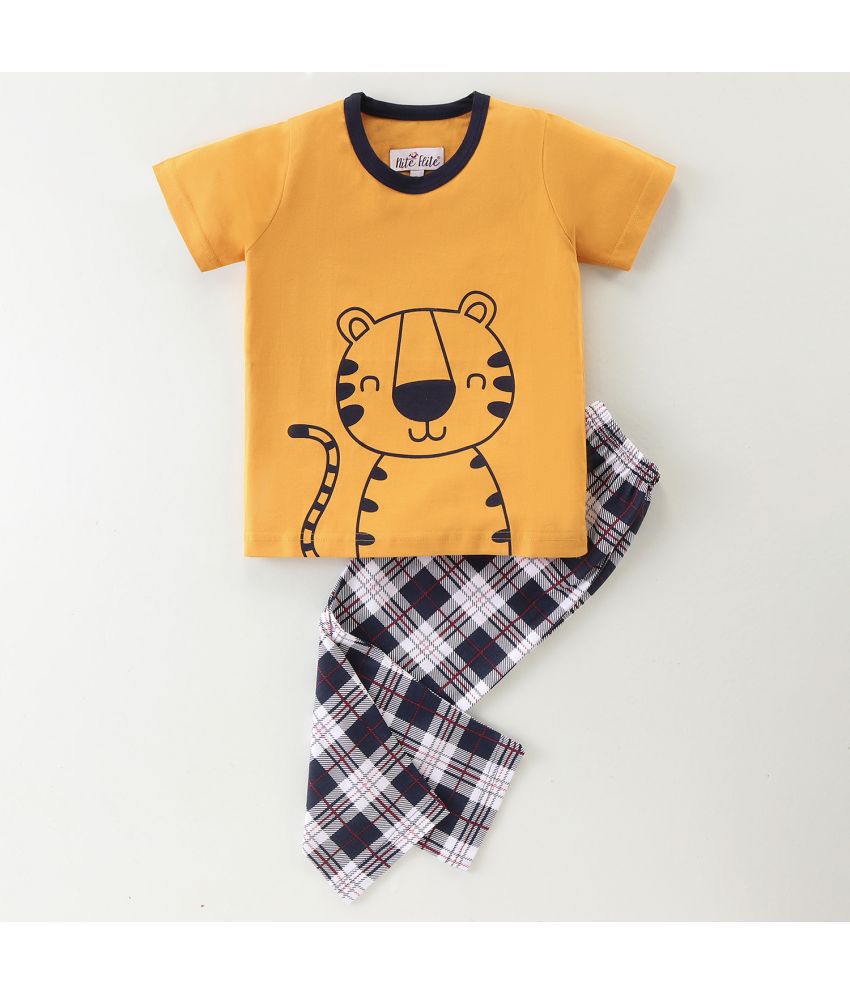     			Nite Flite Boys' and Girls' Unisex Tiger Printed 100% Cotton Nightwear | Top and Pyjama Set (Mustard & White/Blue checks,12)