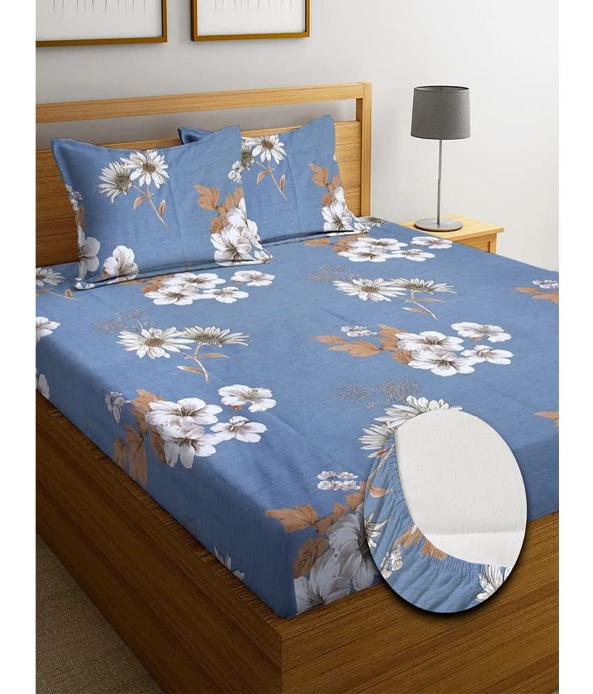     			SHOMES Cotton Floral Fitted 1 Bedsheet with 2 Pillow Covers ( Double Bed ) - Blue