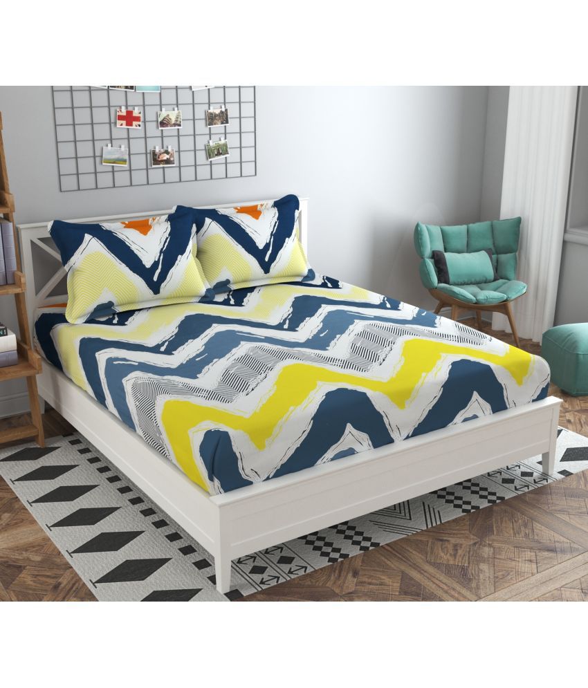     			SHOMES Cotton Geometric Printed Fitted 1 Bedsheet with 2 Pillow Covers ( Double Bed ) - Yellow