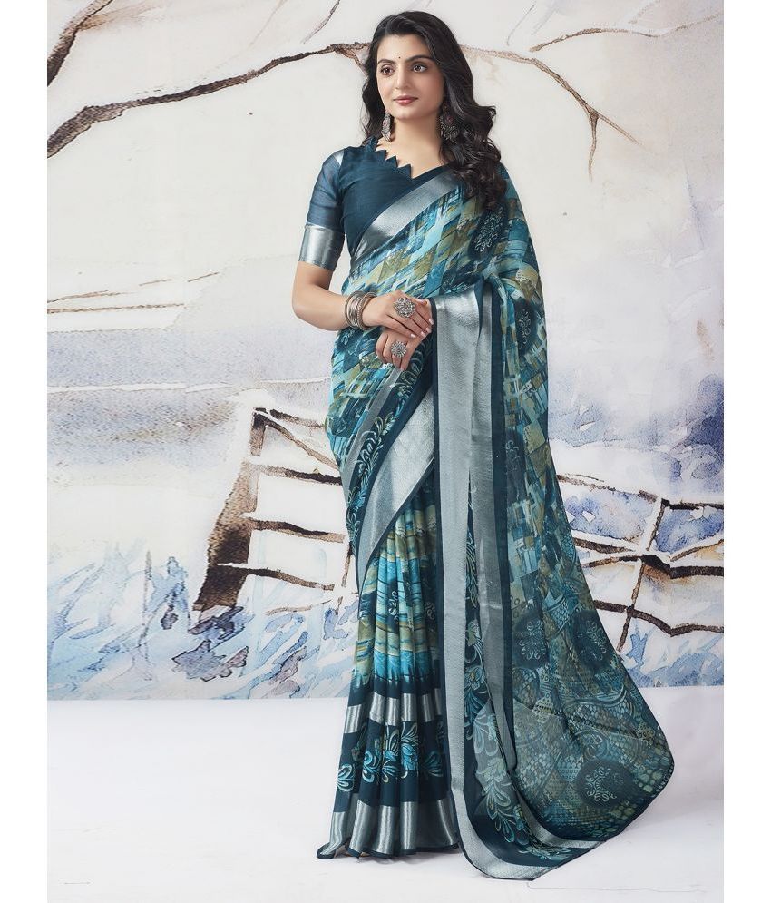     			Samah Chiffon Printed Saree With Blouse Piece - Blue ( Pack of 1 )