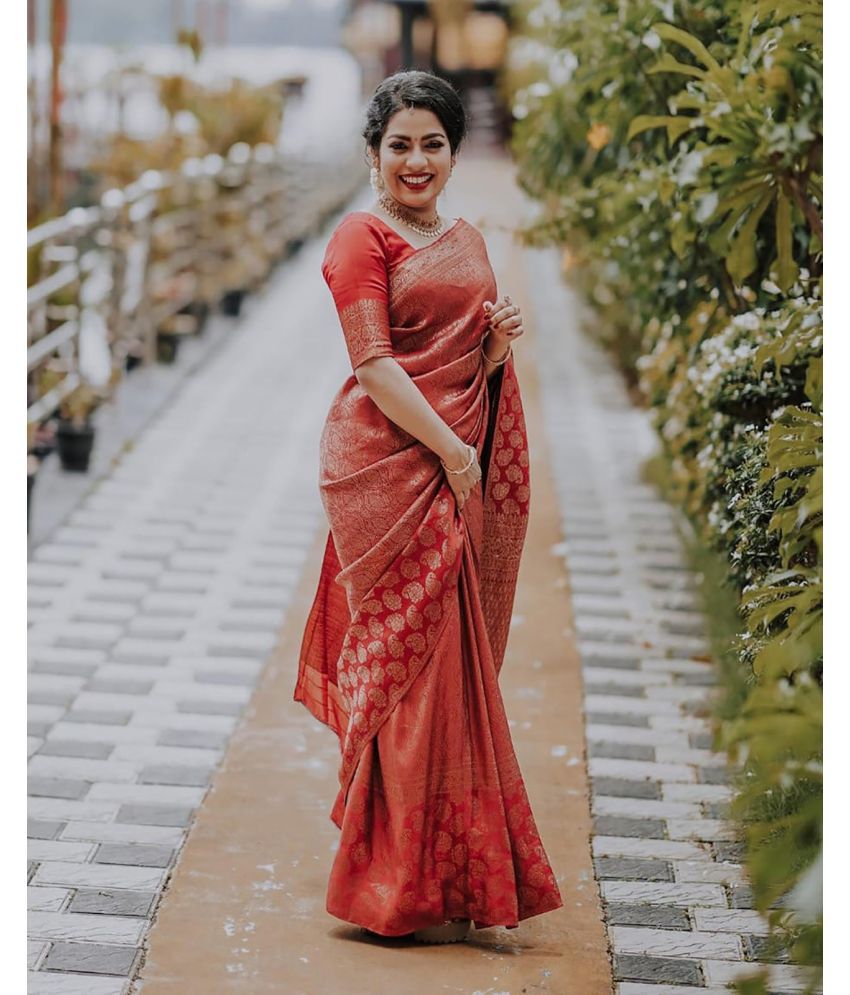     			Anjaneya Sarees Banarasi Silk Woven Saree With Blouse Piece - Red ( Pack of 1 )