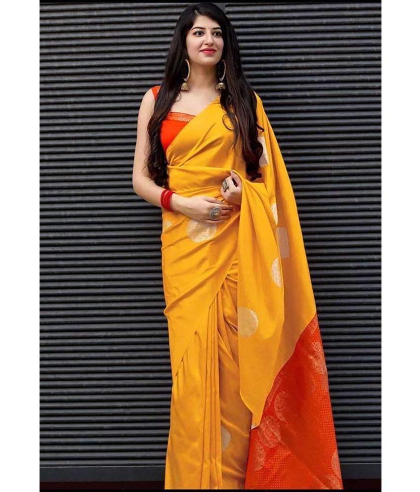     			Anjaneya Sarees Banarasi Silk Woven Saree With Blouse Piece - Yellow ( Pack of 1 )