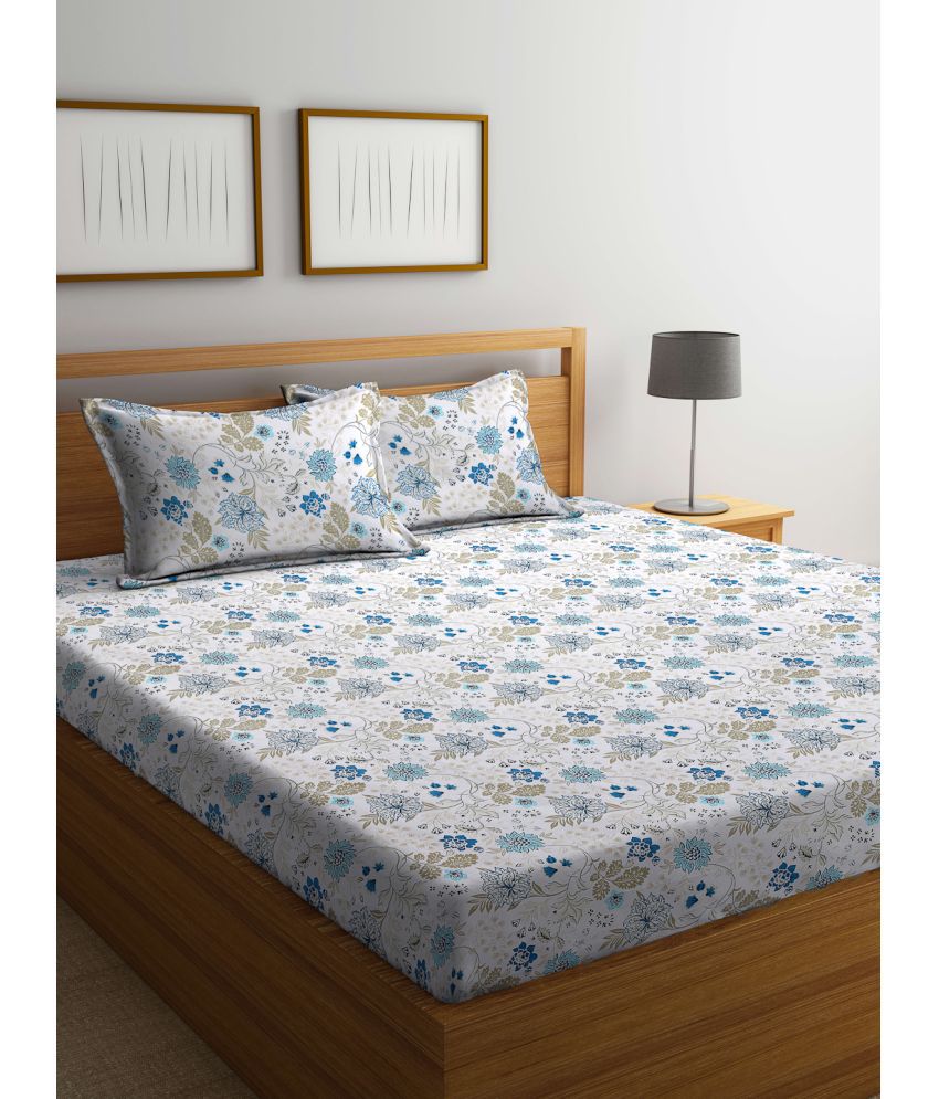     			FABINALIV Cotton Floral 1 Double Bedsheet with 2 Pillow Covers - Light Blue
