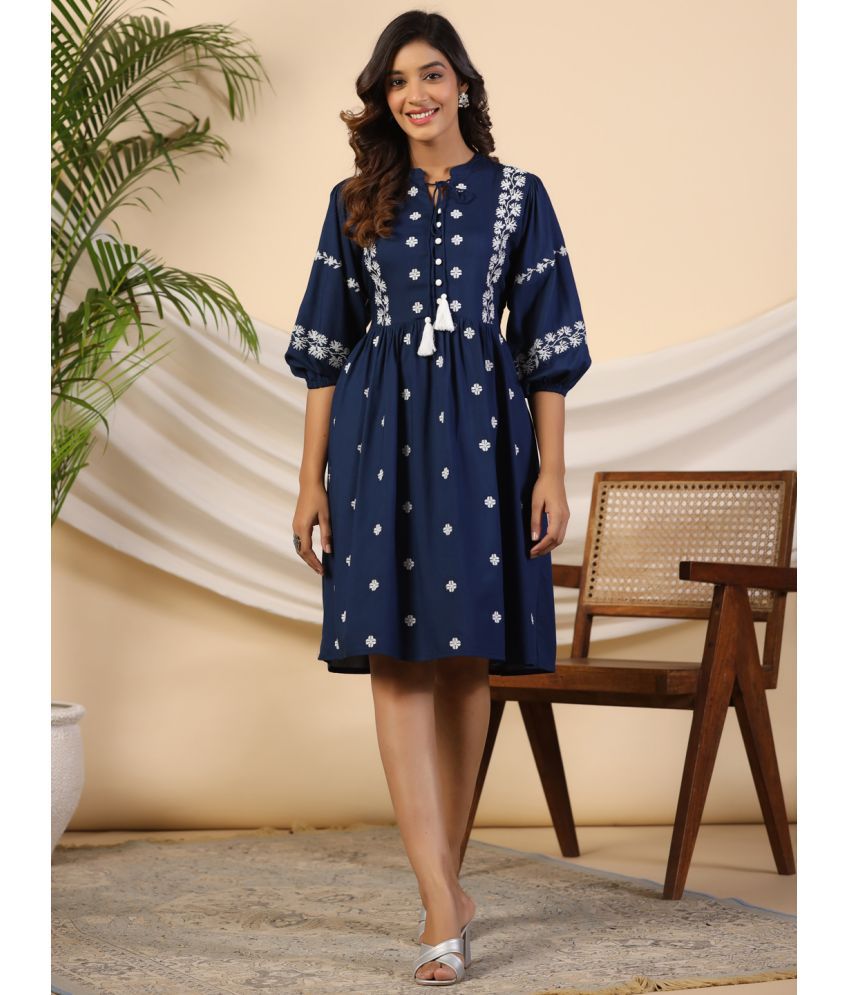     			Juniper Rayon Embroidered Knee Length Women's Fit & Flare Dress - Navy Blue ( Pack of 1 )