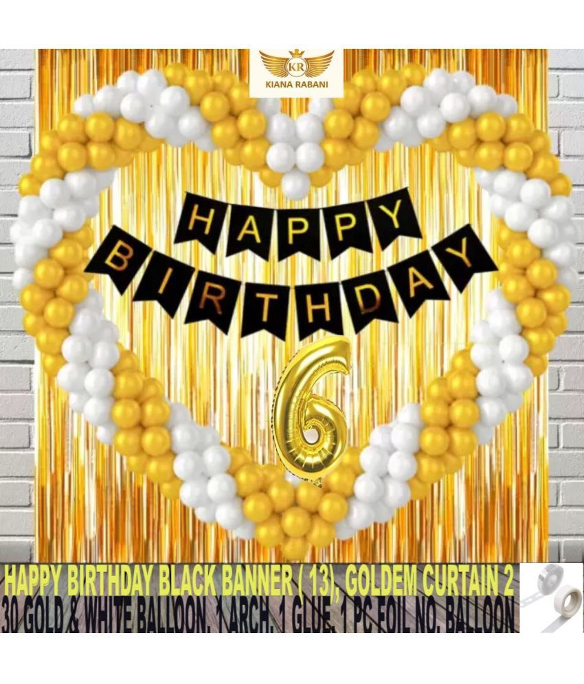     			KR 6TH HAPPY BIRTHDAY PARTY DECORATION WITH HAPPY BIRTHDAY BLACK BANNER(13), 2 GOLD CURTAIN 30 GOLD WHITE BALLOON 1 ARCH 1 GLUE 6 NO.GOLD FOIL BALLOON