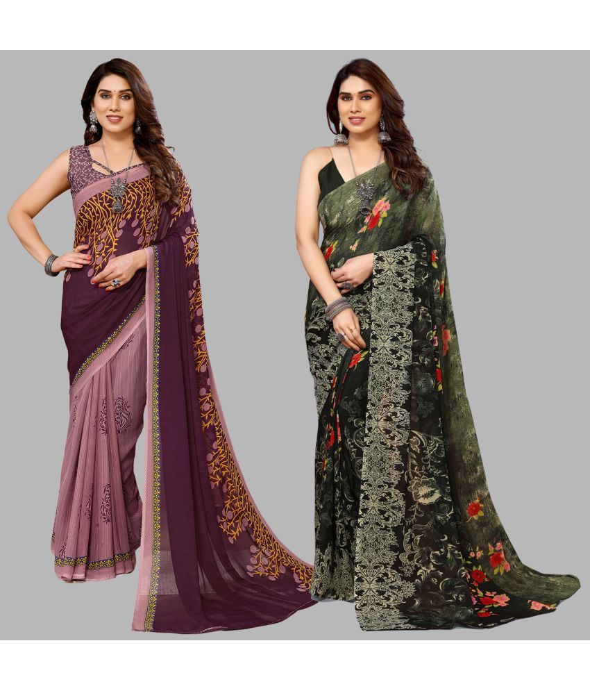     			Kashvi Sarees Georgette Printed Saree With Blouse Piece - Multicolour ( Pack of 2 )