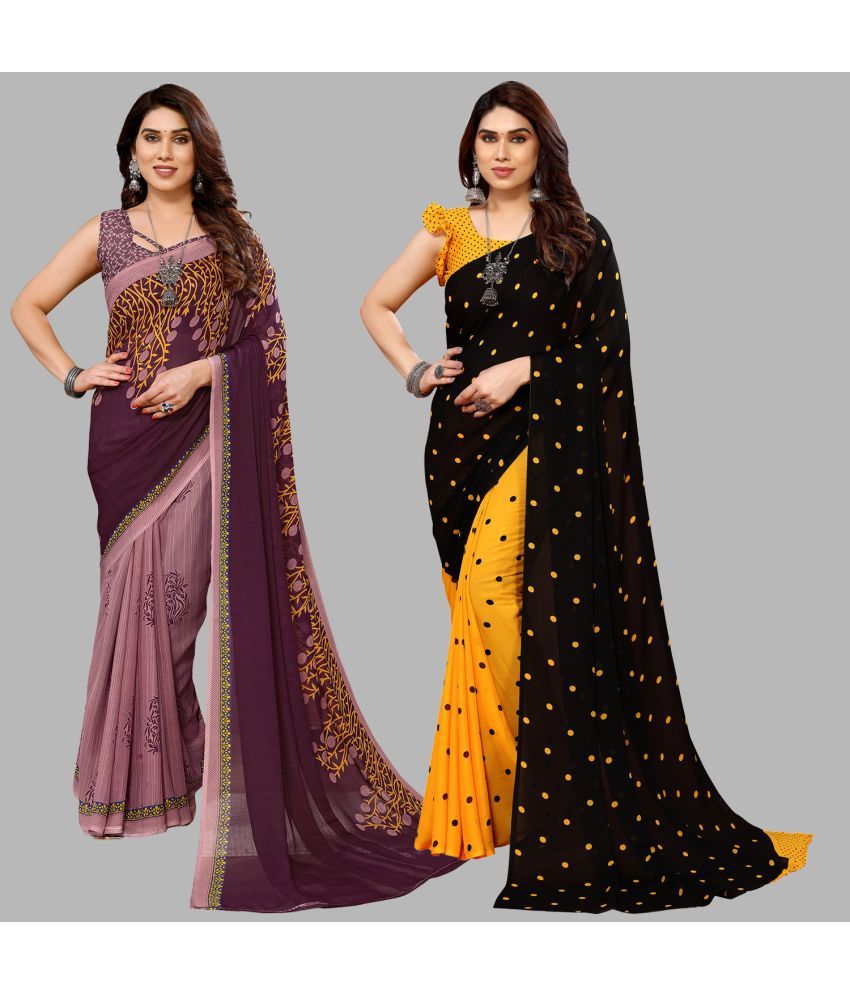     			Kashvi Sarees Georgette Printed Saree With Blouse Piece - Multicolour ( Pack of 2 )