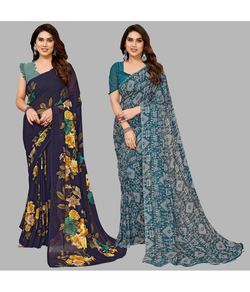     			Kashvi Sarees Georgette Printed Saree With Blouse Piece - Multicolour ( Pack of 2 )