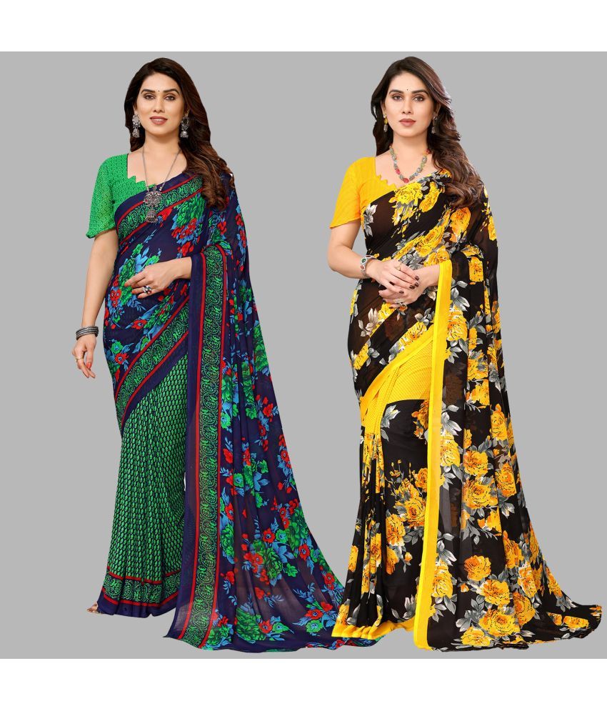     			Kashvi Sarees Georgette Printed Saree With Blouse Piece - Multicolour ( Pack of 2 )