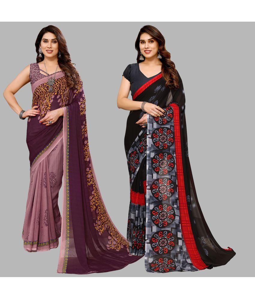     			Kashvi Sarees Georgette Printed Saree With Blouse Piece - Multicolour ( Pack of 2 )