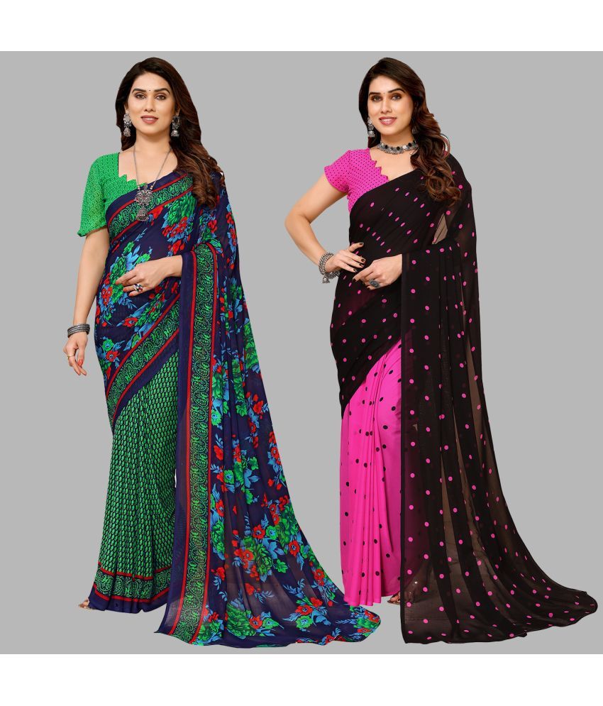     			Kashvi Sarees Georgette Printed Saree With Blouse Piece - Multicolour ( Pack of 2 )