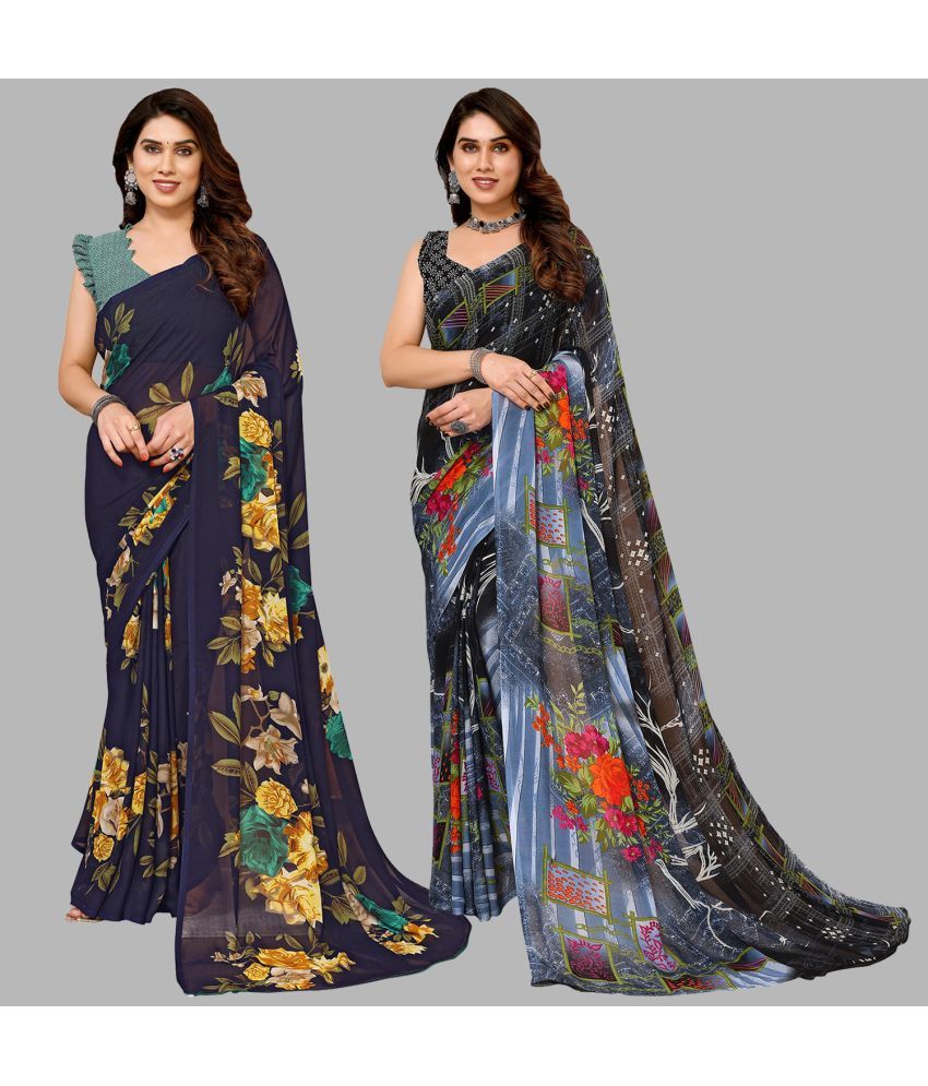     			Kashvi Sarees Georgette Printed Saree With Blouse Piece - Multicolour ( Pack of 2 )