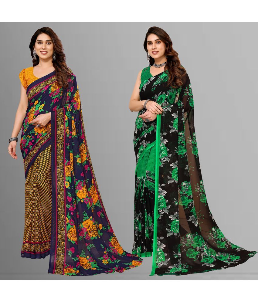     			Kashvi Sarees Georgette Printed Saree With Blouse Piece - Multicolour ( Pack of 2 )