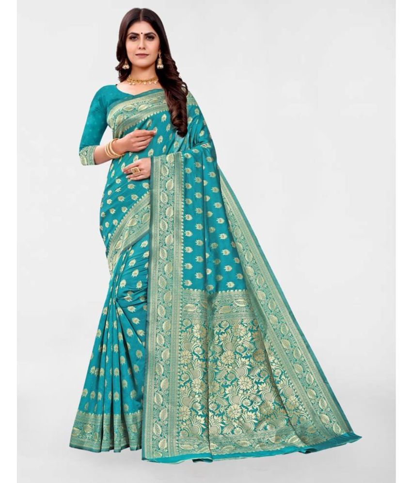     			Samah Art Silk Self Design Saree With Blouse Piece - Turquoise ( Pack of 1 )