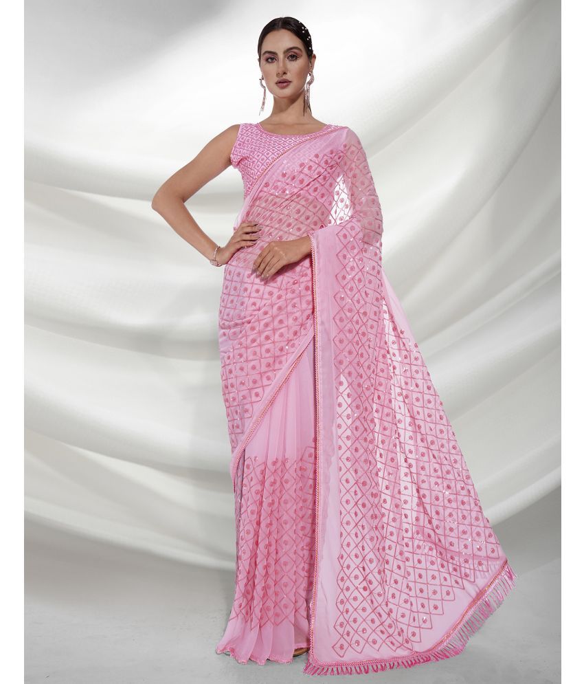     			Satrani Georgette Embellished Saree With Blouse Piece - Pink ( Pack of 1 )