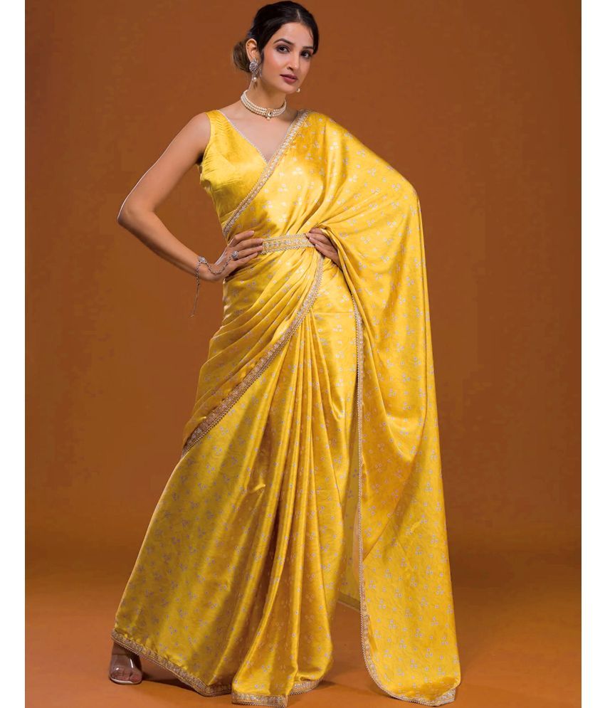     			Satrani Satin Printed Saree With Blouse Piece - Yellow ( Pack of 1 )