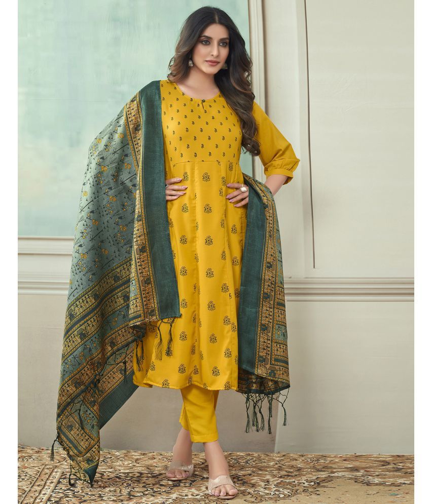     			Skylee Rayon Printed Kurti With Pants Women's Stitched Salwar Suit - Yellow ( Pack of 1 )