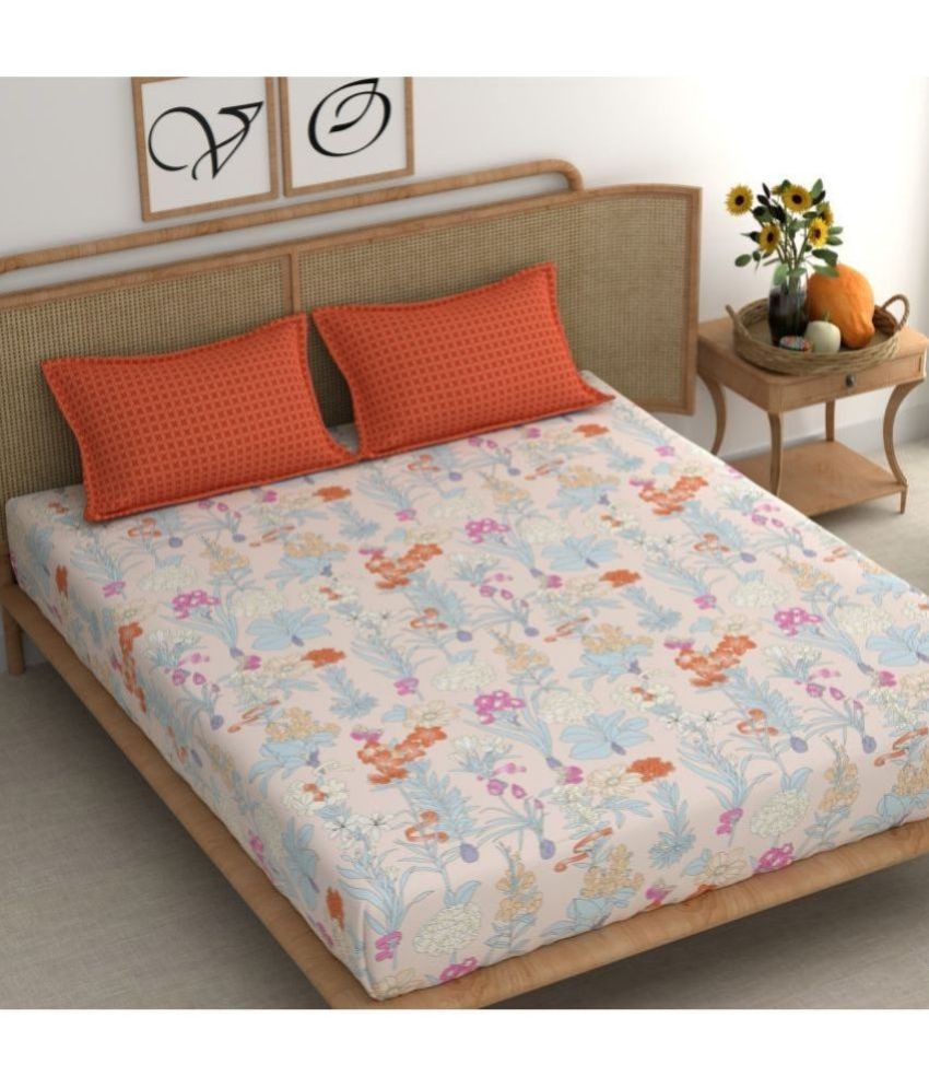     			chhavi india Cotton Floral 1 Double King Size Bedsheet with 2 Pillow Covers - Peach