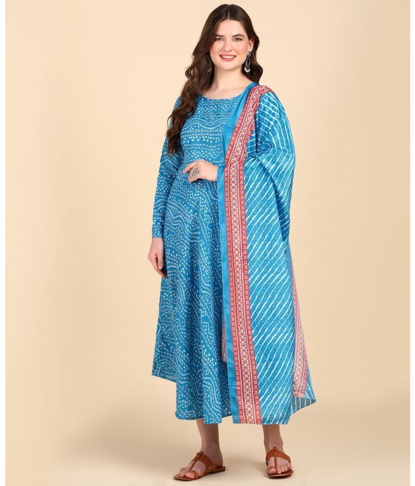     			Hiva Trendz Cotton Blend Printed Anarkali Women's Kurti with Dupatta - Light Blue ( Pack of 1 )