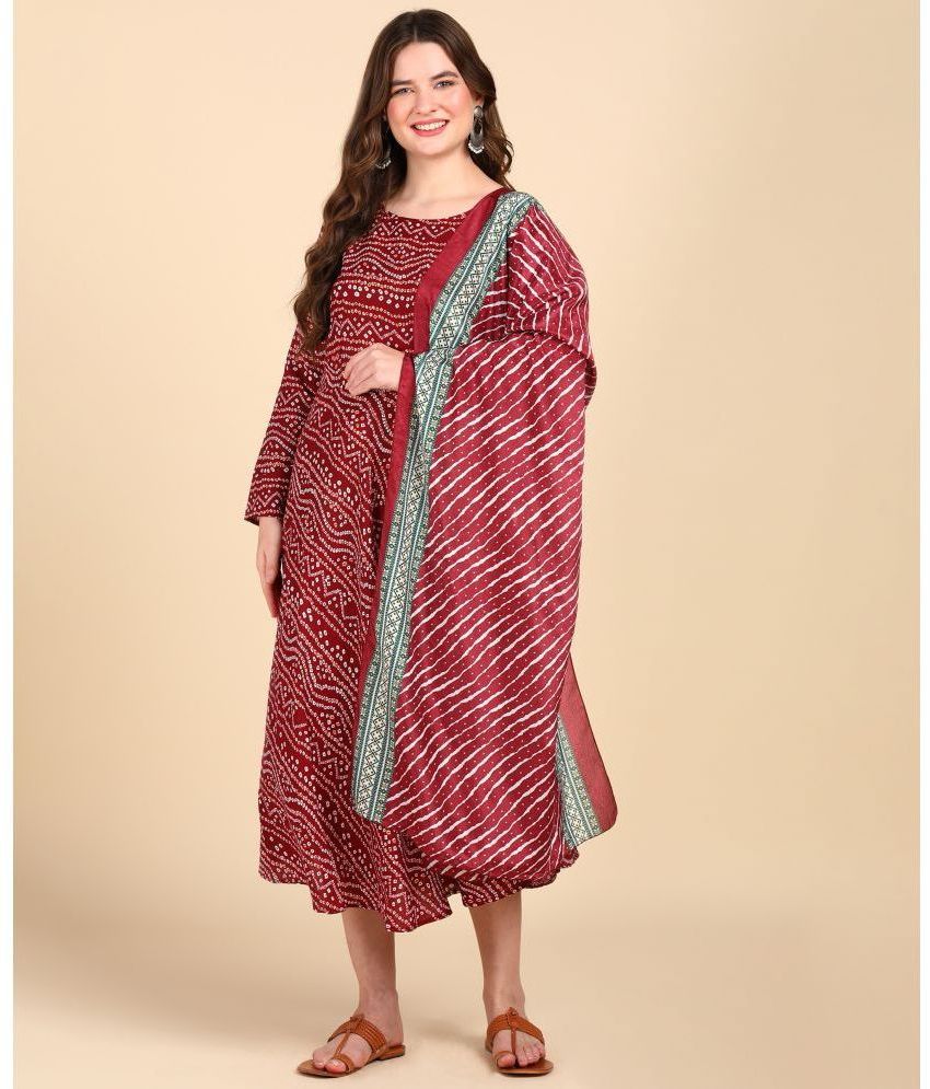     			Hiva Trendz Cotton Blend Printed Anarkali Women's Kurti with Dupatta - Maroon ( Pack of 1 )