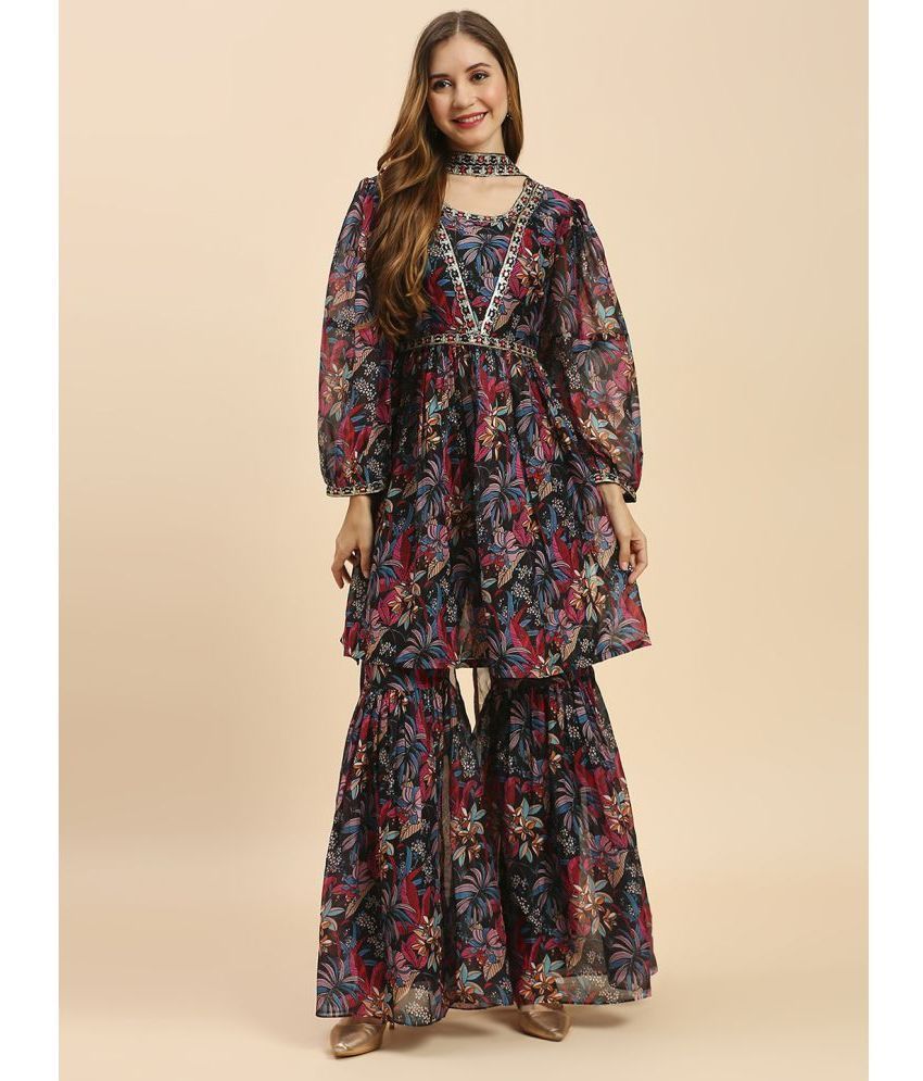     			Madhuram Textiles Georgette Printed Kurti With Sharara And Gharara Women's Stitched Salwar Suit - Black ( Pack of 1 )