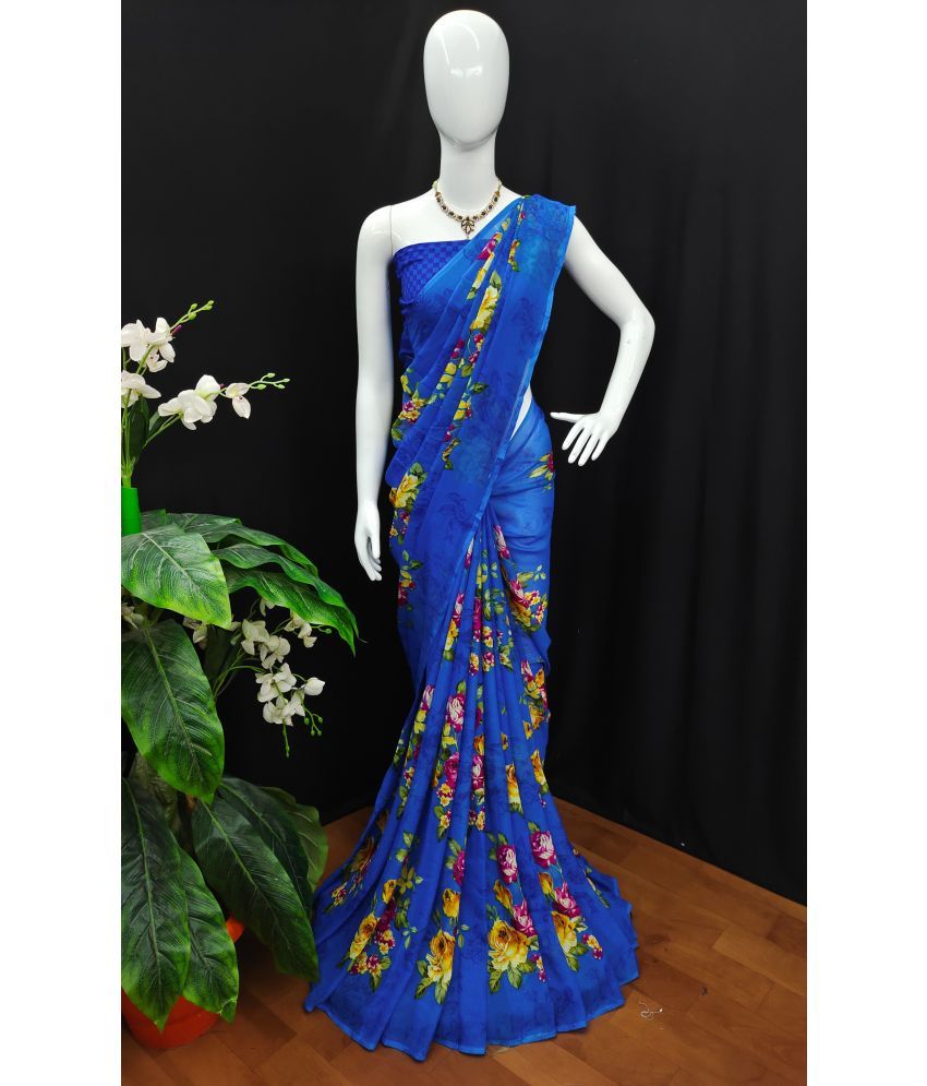     			ANAND SAREES Georgette Printed Saree With Blouse Piece - Blue ( Pack of 1 )