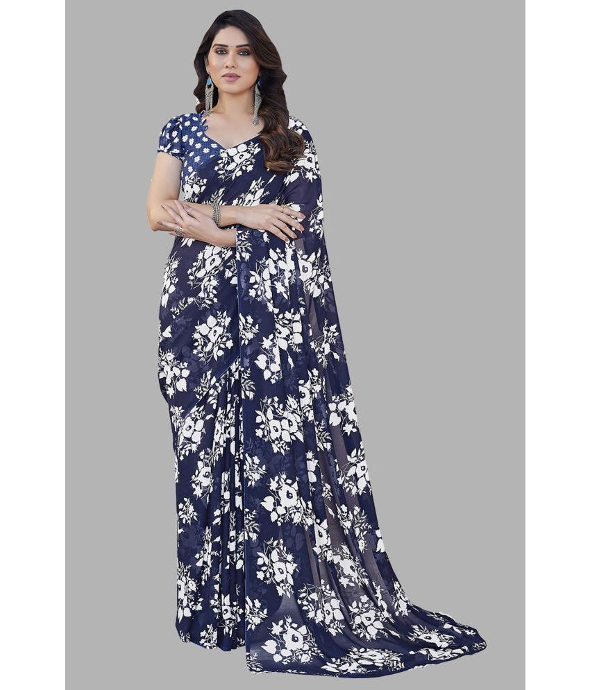     			ANAND SAREES Georgette Printed Saree With Blouse Piece - Navy Blue ( Pack of 1 )