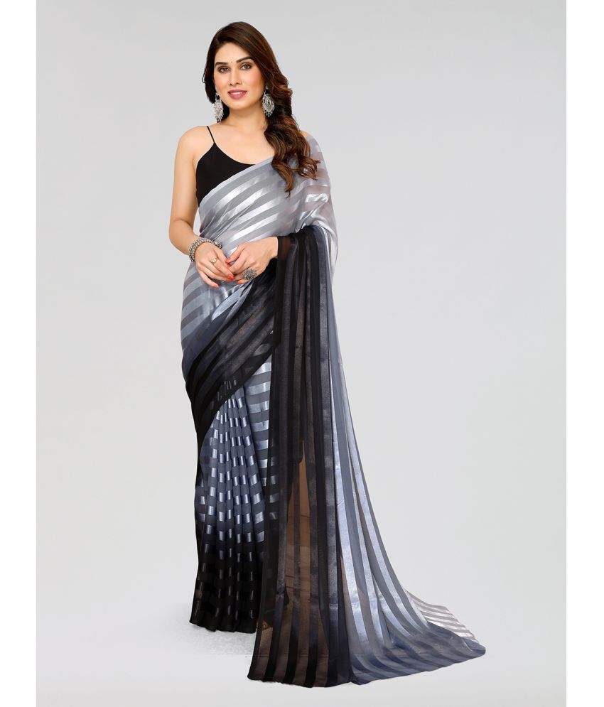     			ANAND SAREES Satin Striped Saree Without Blouse Piece - Grey ( Pack of 1 )