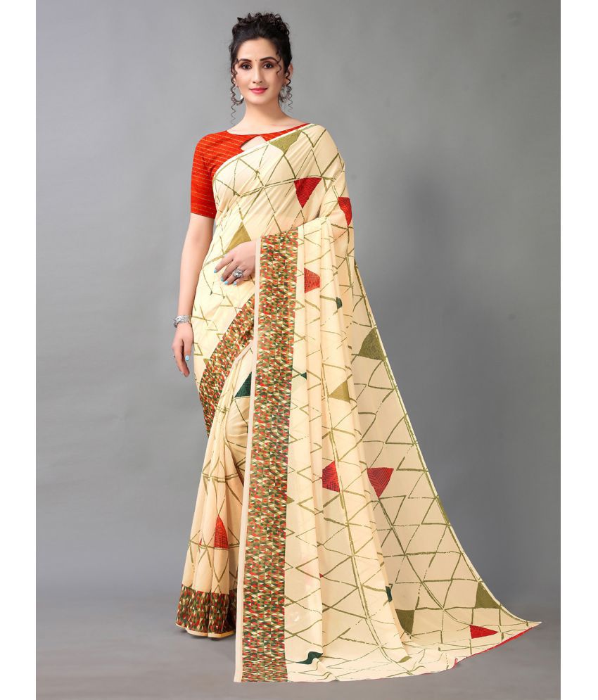     			Aarrah Georgette Printed Saree With Blouse Piece - Cream ( Pack of 1 )