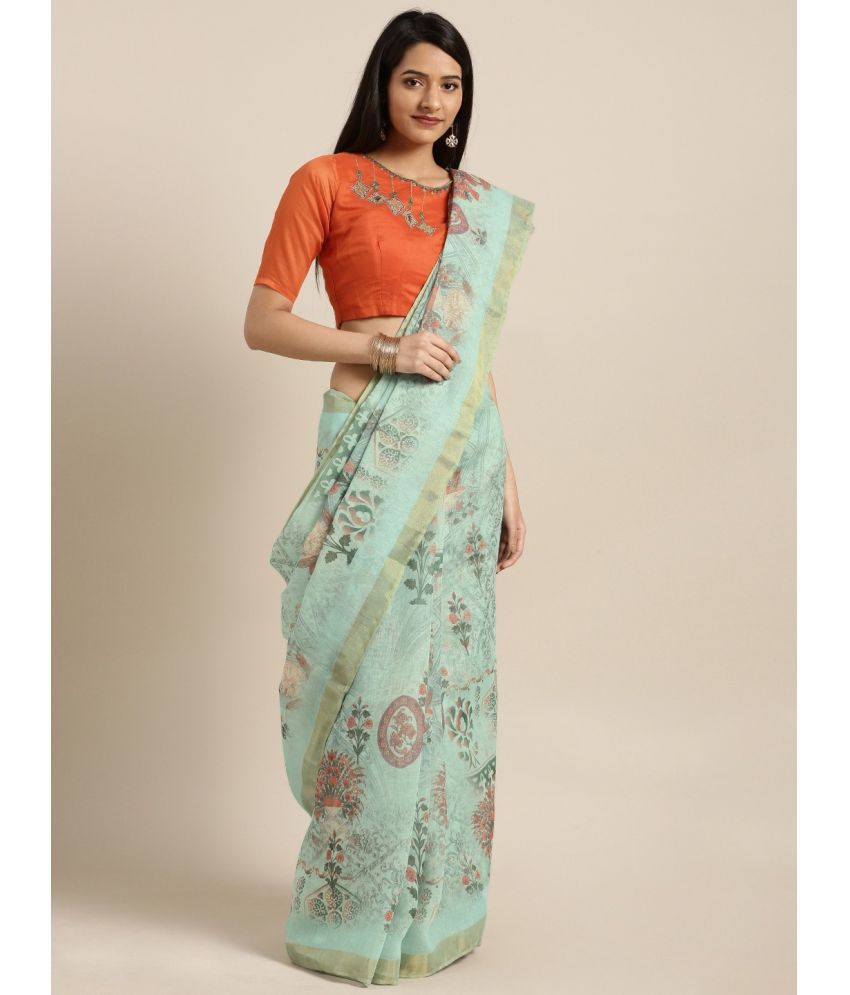     			Aarrah Linen Printed Saree With Blouse Piece - Sea Green ( Pack of 1 )