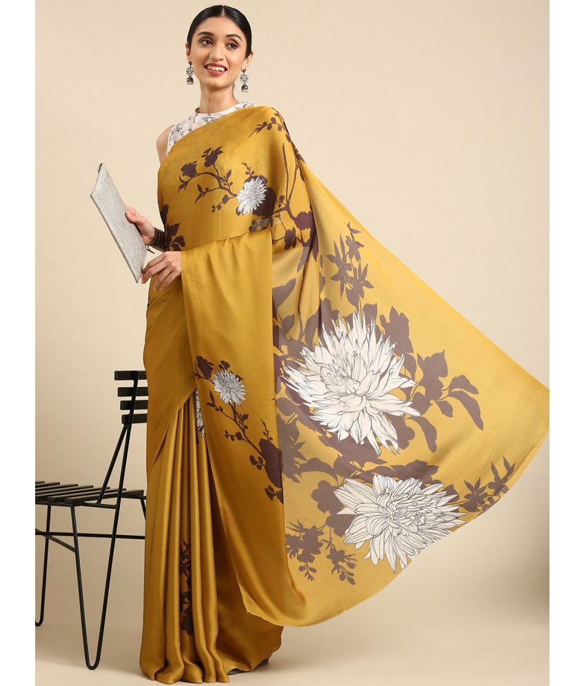     			Aarrah Satin Printed Saree With Blouse Piece - Mustard ( Pack of 1 )