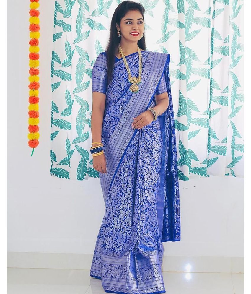     			Anjanaya  sarees Banarasi Silk Woven Saree With Blouse Piece - Blue ( Pack of 1 )